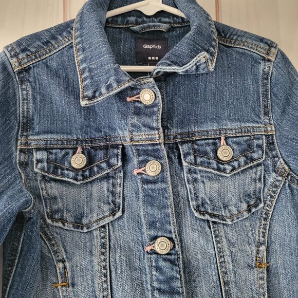 Gap Kids Cotton Denim Cropped Jean Jacket, Girls M, Pink Stitching Detail EUC - Picture 2 of 10